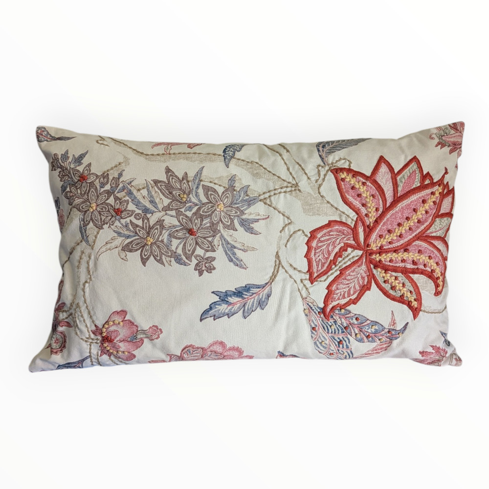 Pottery Barn Beige Floral Embroidered Lumbar Throw Pillow with Down Insert